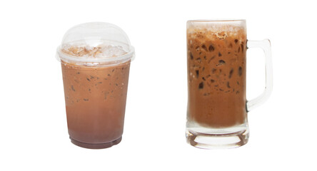 Ice coffee brown in plastic glass. Traditional Thai style original sweet taste. Thai street food and popular in Thailand antique coffee. isolated on cut out PNG.