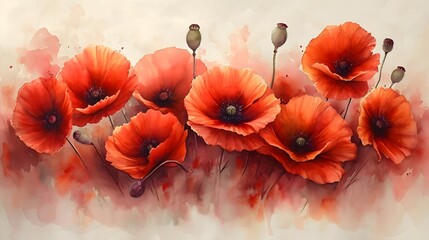 Vibrant Watercolor Poppies with Artistic Splashes