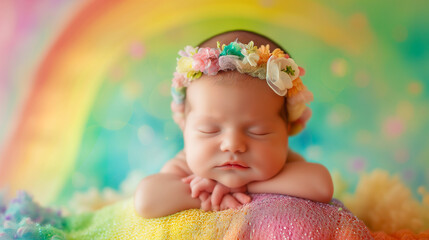 Tranquil double exposure portrait of newborn baby blended with soft rainbow