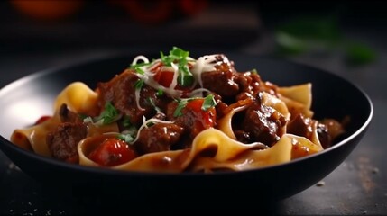 Pasta pappardelle with beef ragout sauce in black bowl Ai Generative - obrazy, fototapety, plakaty