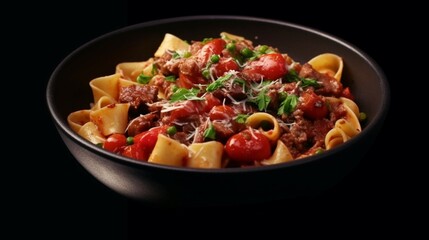 Pasta pappardelle with beef ragout sauce in black bowl Ai Generative