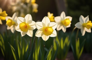 Obraz premium Narcissus daffodils spring garden flowers groing floral farm greenery park womens day mothers