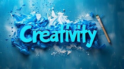 Blue Creativity concept creative horizontal art poster. Photorealistic textured word Creativity on artistic background. Horizontal Illustration. Ai Generated Ideas and Originality Symbol.