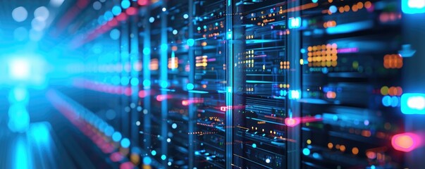 Server racks with cybersecurity symbols, elements. Concept shot