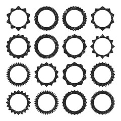 Post stamps, labels and badges. Grunge imprints and postmarks. Brown vintage circle postcard watermarks. Used envelope design elements. Vector illustration