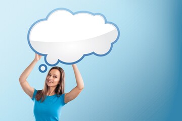 Speech bubble under woman head, social media