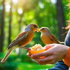 birds are sitting on people's hands and eating food