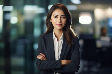 Business woman. Portrait of a arabic, beautiful, young and happy woman in a suit standing in a modern office. Smiling female manager looking at the camera in a workplace