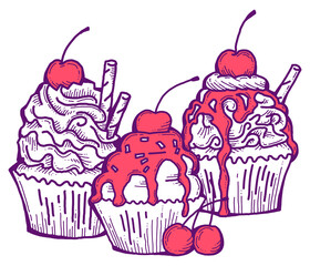 Sweet tasty dessert cupcake with cream and deco for morning breakfast in café or restaurant. Mini birthday cake for pleasure. Hand drawn colorful retro vintage illustration. Old style drawing.