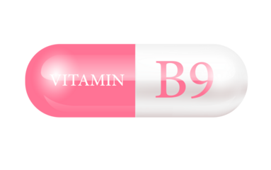 Capsule vitamin B9 isolated on cut out PNG (Thiamine) structure light pink, white. Vitamin complex with chemical formula. Drug business. Personal care, beauty concept. transparent pill.	
