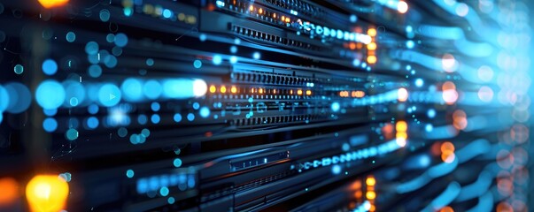 Server racks with cybersecurity symbols, elements. Concept shot