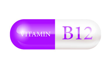 Capsule vitamin B12 (Thiamine) isolated on Cut out PNG. Structure purple, white. Vitamin complex with chemical formula. Drug business concept. Personal care, beauty. transparent pill.	
