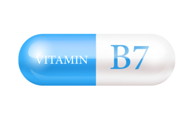 Capsule vitamin B7 (Thiamine) structure Blue white. Vitamin complex with chemical formula. Cut out PNG. Personal care, beauty concept. transparent capsule pill. Drug business.