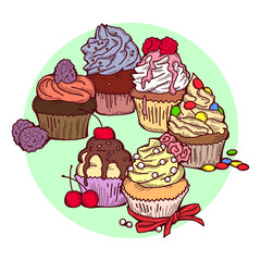 Sweet tasty dessert cupcake with cream and deco for morning breakfast in café or restaurant. Mini birthday cake for pleasure. Hand drawn colorful retro vintage illustration. Old style drawing.