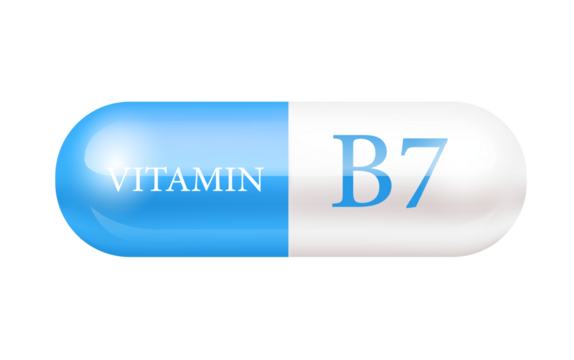 Capsule vitamin B7 (Thiamine) structure Blue white. Vitamin complex with chemical formula. Cut out PNG. Personal care, beauty concept. transparent capsule pill. Drug business.