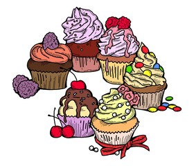 Sweet tasty dessert cupcake with cream and deco for morning breakfast in café or restaurant. Mini birthday cake for pleasure. Hand drawn colorful retro vintage illustration. Old style drawing.