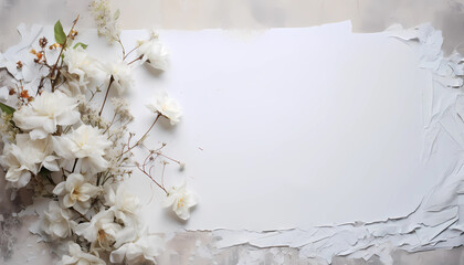 Blank white paper and flower background, copy space for text banner