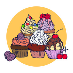 Sweet tasty dessert cupcake with cream and deco for morning breakfast in café or restaurant. Mini birthday cake for pleasure. Hand drawn colorful retro vintage illustration. Old style drawing.