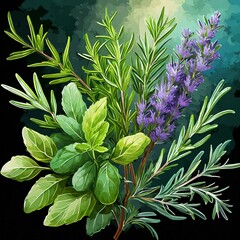Bouquet of Fresh Herbs, Culinary, Rosemary, Thyme, Basil, Botanical Painting, Dark Background