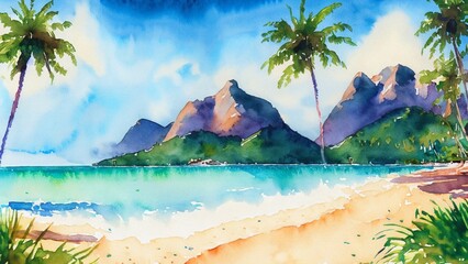 Watercolor landscape with sea and mountains. Palm and tropical beach. Vacation holidays travel concept background wallpaper. Beach and sea. Summer holiday and vacation concept