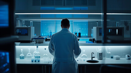 Em um laboratório moderno e elegante luzes  L E D azuis suaves iluminam equipamentos de última geração e ferramentas biotecnológicas futuristas