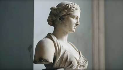 Ancient marble statue of a young woman near an empty wall. Greek sculpture with copy space for text