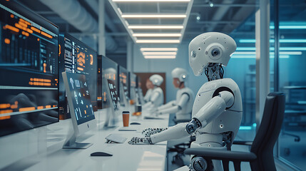 Em um espaço de escritório moderno e elegante uma equipe de trabalhadores colabora com robôs humanoides e tecnologia avançada de  I A