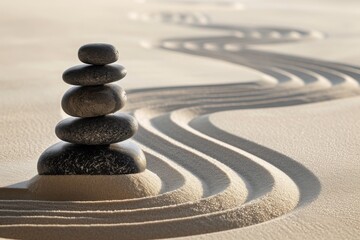 Zen Garden with Stacked Stones and Sand Ripples