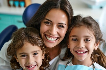 Smiling Mom with her Two Kids at Dentist