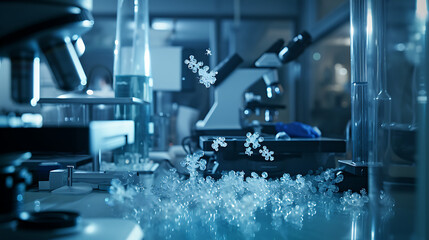 Materiais nanométricos microscópicos flutuam etéreos em um cenário de laboratório iluminado pelo brilho suave de equipamentos científicos