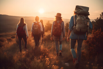 Group of friends walking with backpacks in sunset from back. Adventure, travel, tourism, hike and people friendship concept - obrazy, fototapety, plakaty