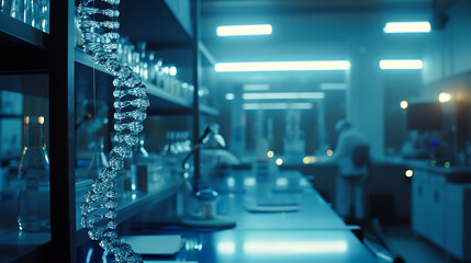 Equipamentos científicos e máquinas futurísticas enchem o laboratório estéril e elegante