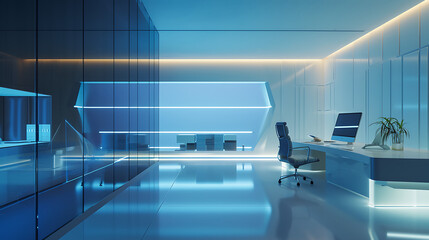 Fototapeta na wymiar Iluminação suave ilumina um elegante espaço de escritório minimalista onde dispositivos tecnológicos de ponta se misturam perfeitamente ao ambiente