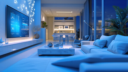 A luz suave ilumina uma sala de estar moderna e elegante adornada com uma decoração minimalista e linhas limpas