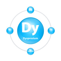 Dysprosium (Dy) Icon structure chemical element round shape circle light blue with surround ring Period number shows of energy levels of electron. Study science for education. 3D Illustration vector