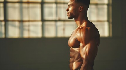 Man Standing in Front of Window Shirtless Showing Fit Side Profile Generative AI - obrazy, fototapety, plakaty