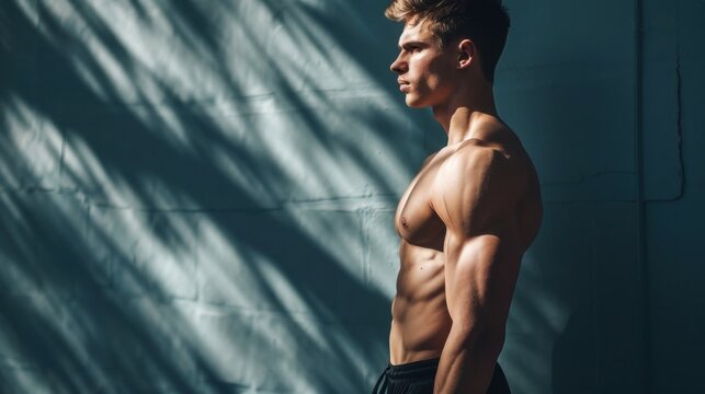 Shirtless Man Standing Before Wall Side Profile of Fit Healthy Male Generative AI