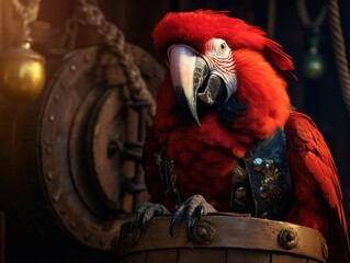 A red parrot sitting on top of a barrel. Generative AI.