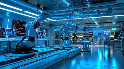 O elegante interior futurista de um laboratório de tecnologia é banhado por uma luz azul criando uma atmosfera de inovação e pesquisa de ponta - obrazy, fototapety, plakaty