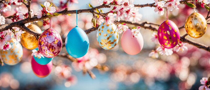 Easter eggs hanging from a flowering spring tree branch, outdoor decor, wide banner, copyspace