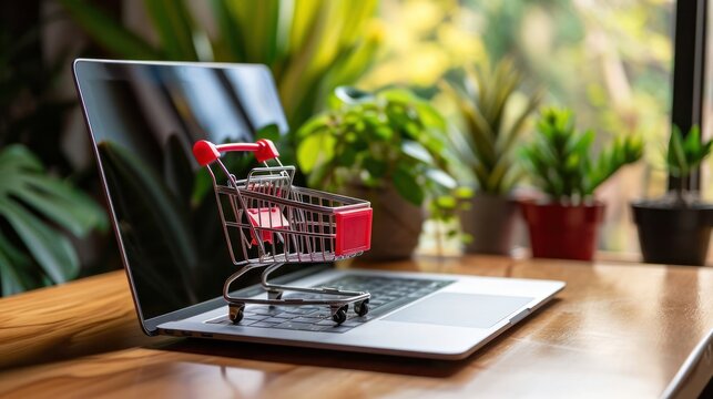 Laptop Showing Shopping Cart Iconic Image Illustrating Online Shopping Generative AI