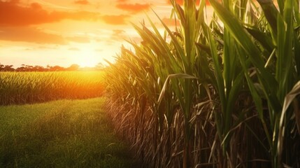 Agriculture Sugarcane field at sunset Sugar cane Ai Generative