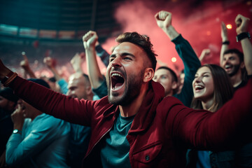 Sports fans celebrating excitedly in the stands of a stadium, night game, colored smoke flares. Generative AI