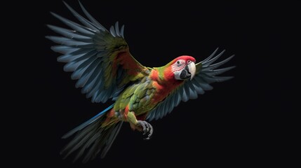 Flying parrot on black background Ai Generative