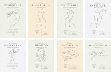 Set of customizable labels of Natural organic herbal woman cosmetics with body line art. Modern packaging design collection for Pharmacy, healthy care