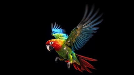 Fototapeta premium Flying parrot on black background Ai Generative