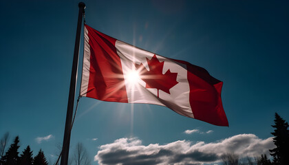 Canada flag on clear blue sky - obrazy, fototapety, plakaty