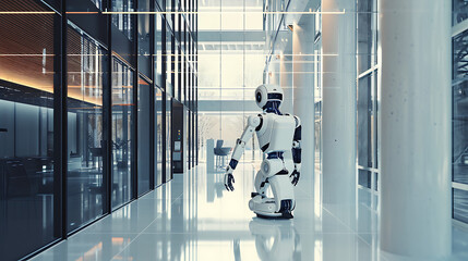 Dentro de um moderno e elegante espaço de escritório um sofisticado robô futurista se move com precisão e graça colaborando perfeitamente com os funcionários humanos