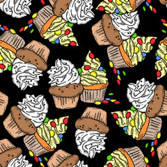 Tasty sweet cupcake dessert decorative seamless vector pattern for textile design, fabric print, digital or wrapping, wall paper, background and backdrop, bakery shop decoration, cafe, restaurant menu