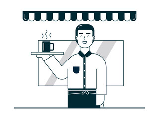 Waiter serves coffee for customer. Coffee time vector illuatrations.